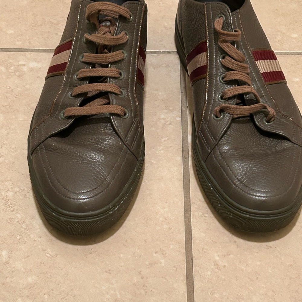 Bally Dark Brown Leather Sneakers with Red Stripes